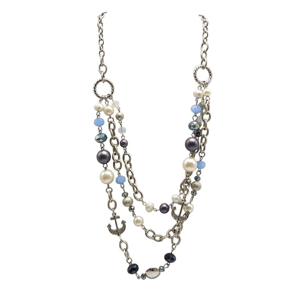 RMN Triple Strand Nautical Faux Pearl Beaded Chain Necklace